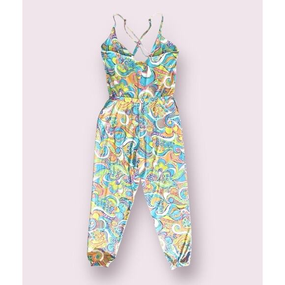 Trina Turk Cosmos Jumpsuit Womens XS CoverUp Vibrant Funky Colorful Green Aqua - Picture 2 of 10
